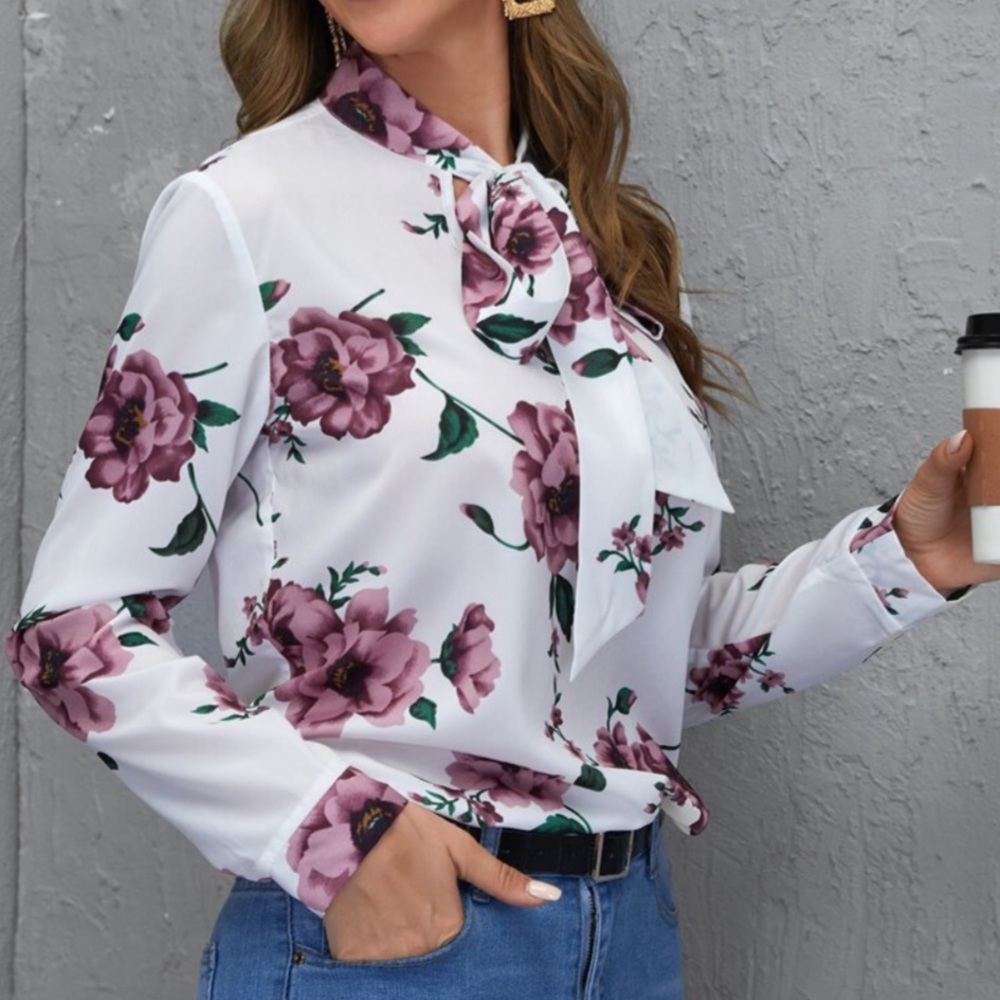 Boho Floral Tie Neck Long Sleeve Blouse - Picture 3 of 5